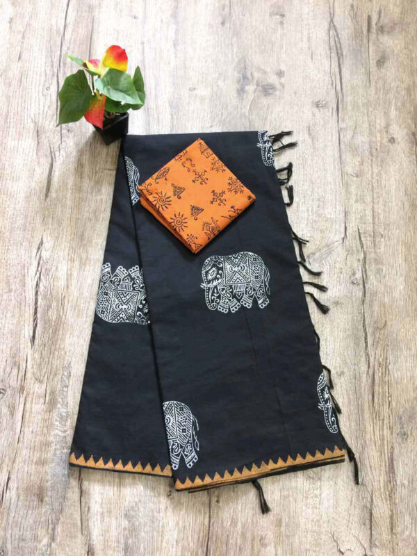 southcottonmix block printed saree with self and contrast blouse PCDB001