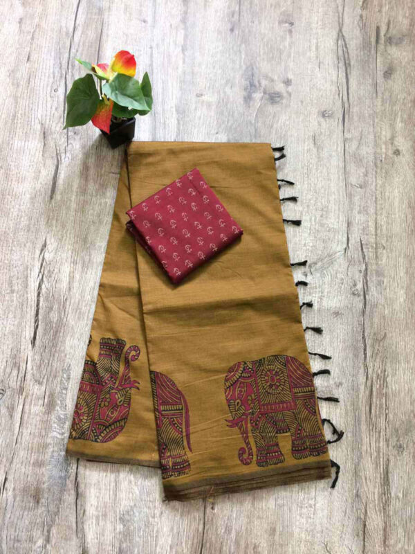 southcottonmix block printed saree with self and contrast blouse PCDB002