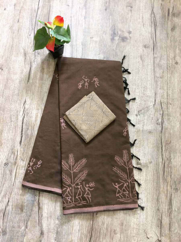 southcottonmix block printed saree with self and contrast blouse PCDB005