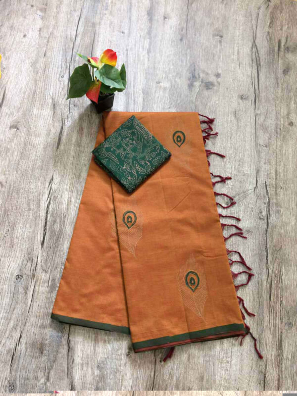 southcottonmix block printed saree with self and contrast blouse PCDB006