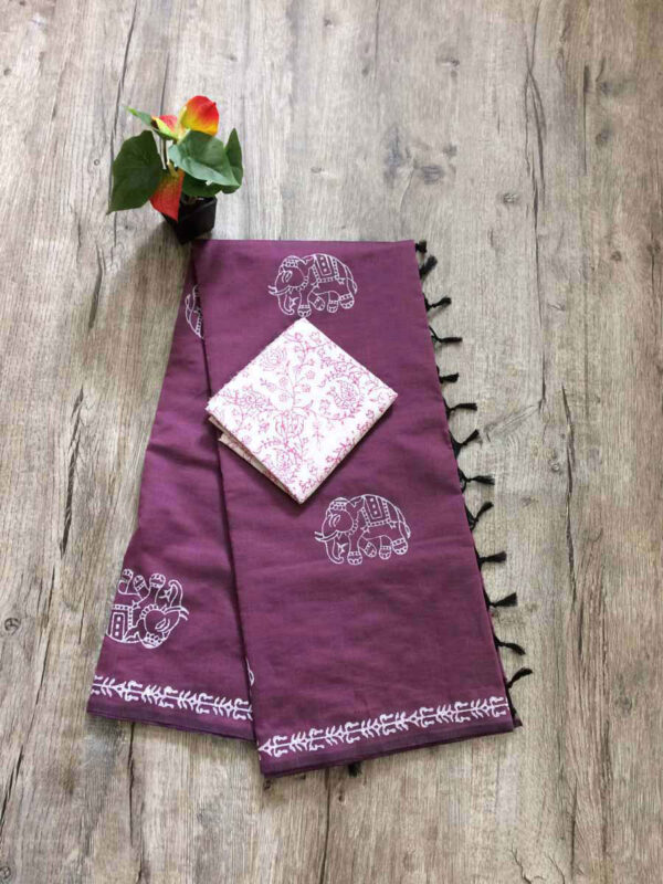 southcottonmix block printed saree with self and contrast blouse PCDB008