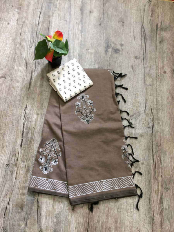 southcottonmix block printed saree with self and contrast blouse PCDB009