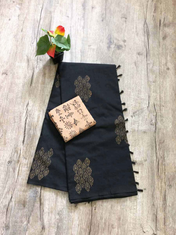 southcottonmix block printed saree with self and contrast blouse PCDB010