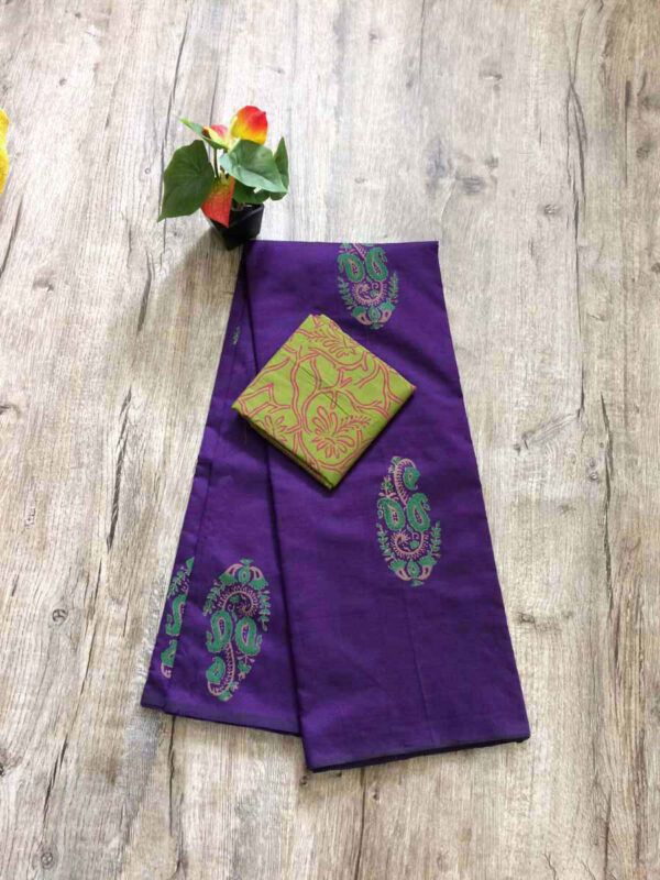 southcottonmix block printed saree with self and contrast blouse PCDB011