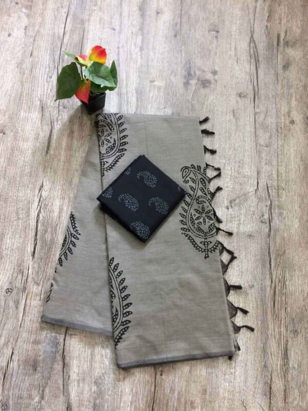 southcottonmix block printed saree with self and contrast blouse PCDB012
