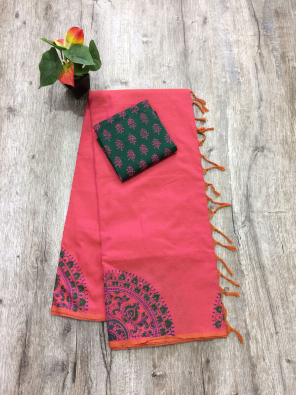 southcottonmix block printed saree with self and contrast blouse PCDB029