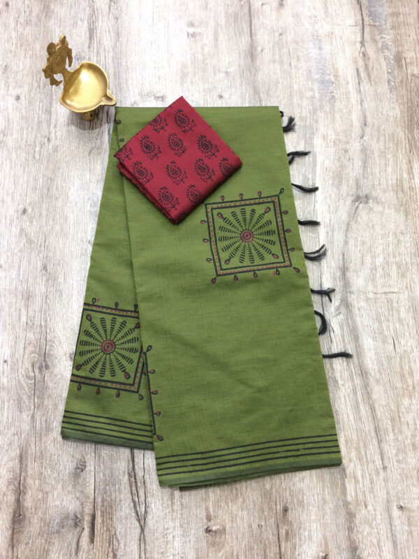 southcottonmix block printed saree with self and contrast blouse PCDB031