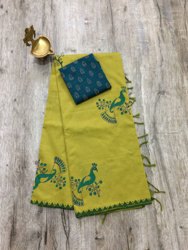 southcottonmix block printed saree with self and contrast blouse PCDB035