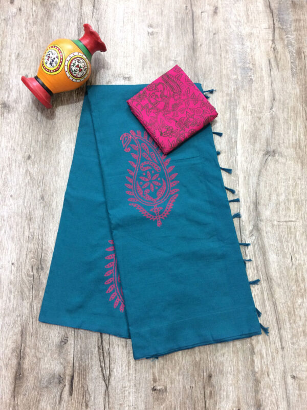 southcottonmix block printed saree with self and contrast blouse PCDB041