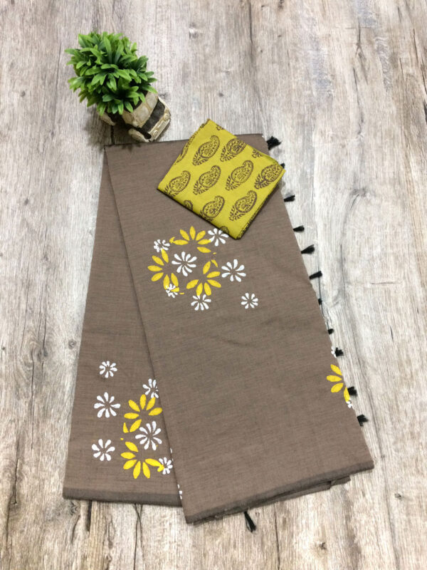 southcottonmix block printed saree with self and contrast blouse PCDB061