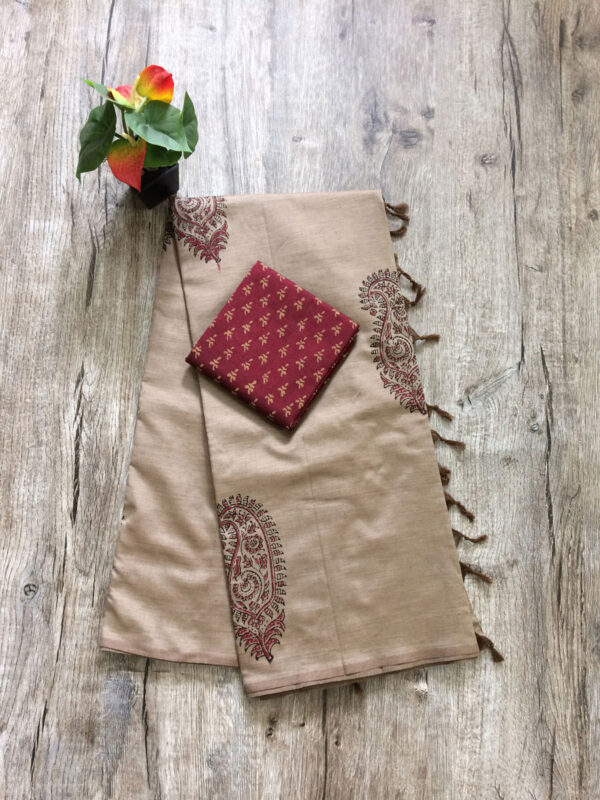 southcottonmix block printed saree with self and contrast blouse PCDB073