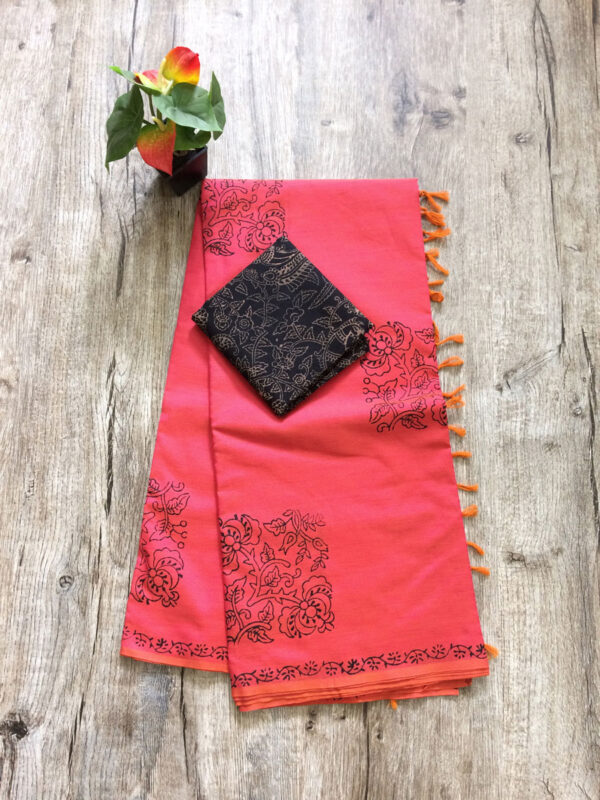 southcottonmix block printed saree with self and contrast blouse PCDB078