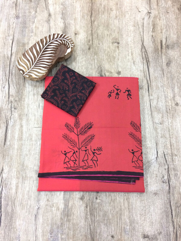 southcottonmix block printed saree with self and contrast blouse PCDB096