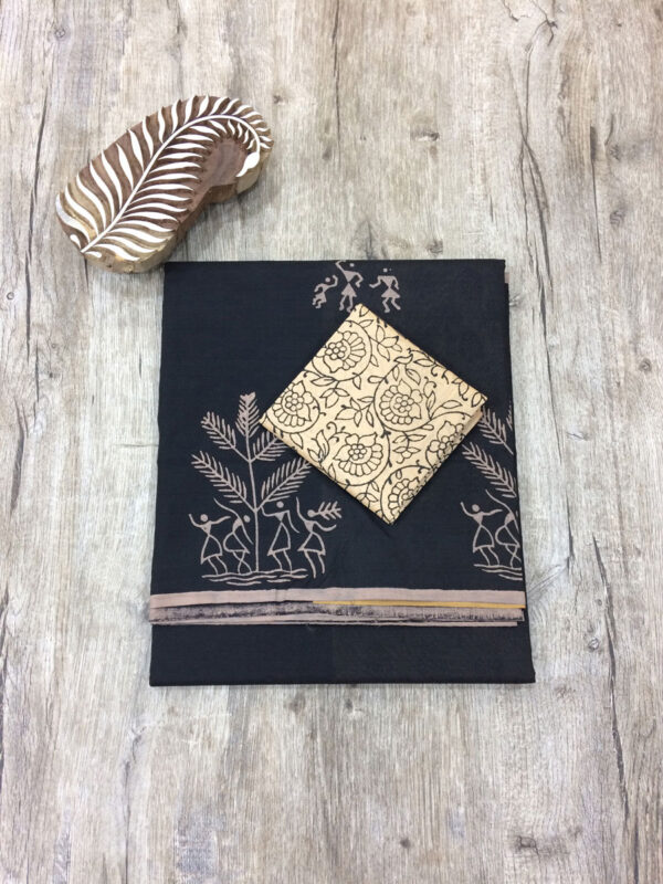 southcottonmix block printed saree with self and contrast blouse PCDB099