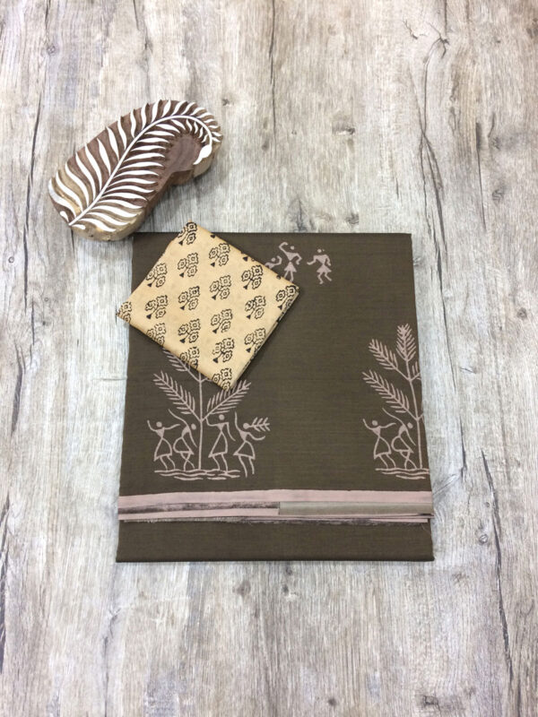 southcottonmix block printed saree with self and contrast blouse PCDB101