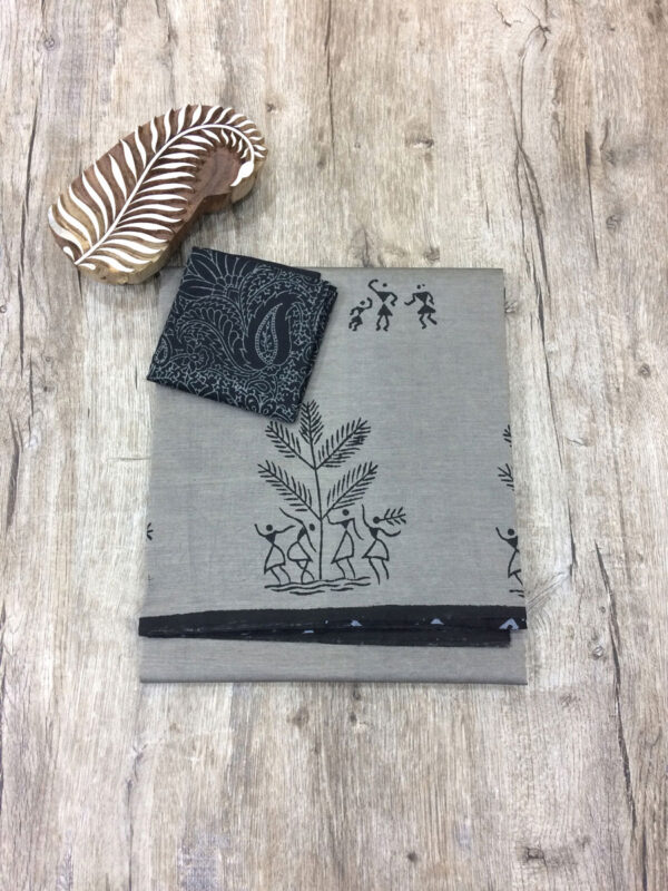 southcottonmix block printed saree with self and contrast blouse PCDB102