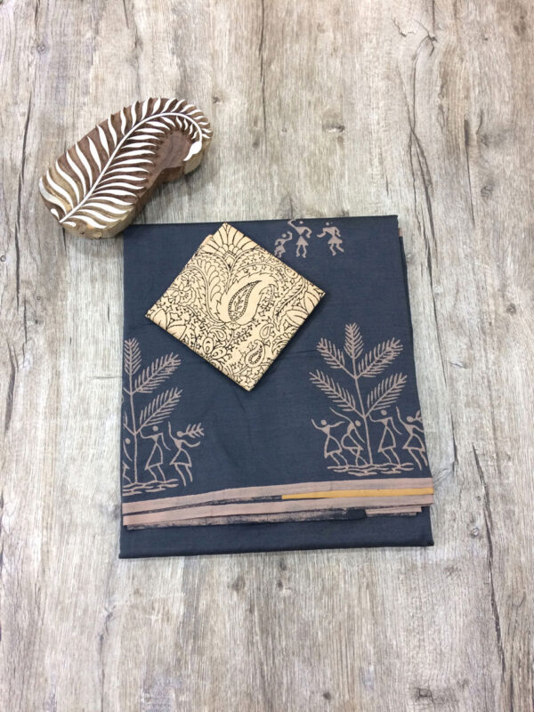 southcottonmix block printed saree with self and contrast blouse PCDB103