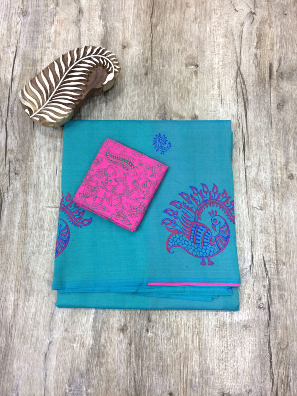 southcottonmix block printed saree with self and contrast blouse PCDB116