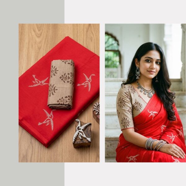 Blended South Cotton printed sarees with contrasting blouse PCDB059