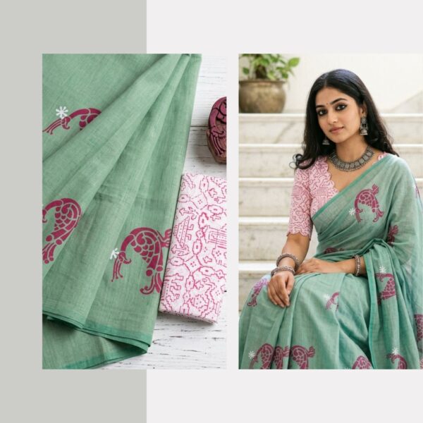 Blended South Cotton printed sarees with contrasting blouse PCDB060