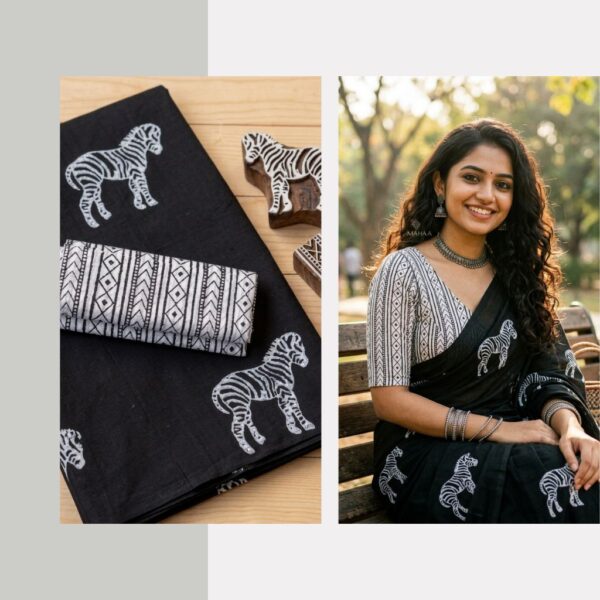 Blended South Cotton printed sarees with contrasting blouse PCDB061