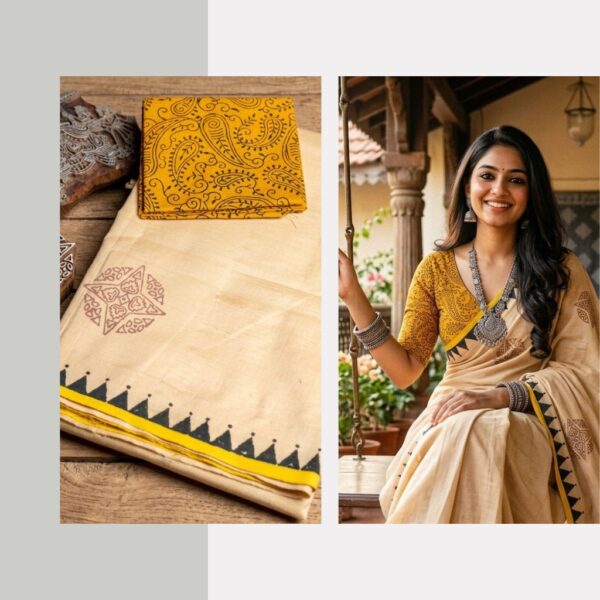 Blended South Cotton printed sarees with contrasting blouse PCDB062