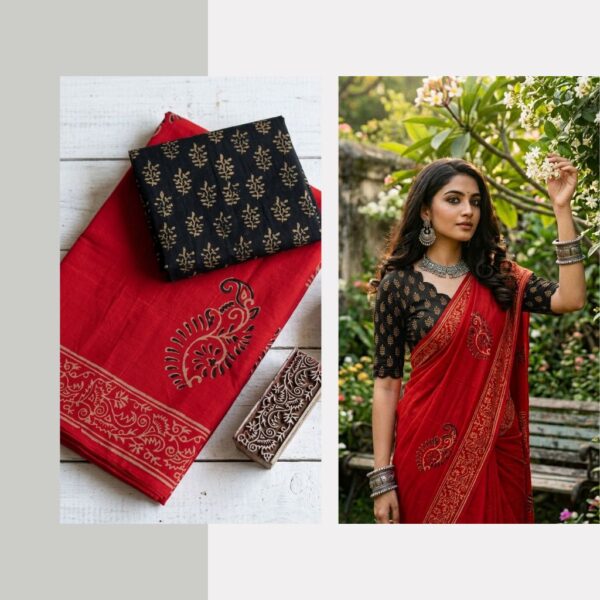 Blended South Cotton printed sarees with contrasting blouse PCDB063
