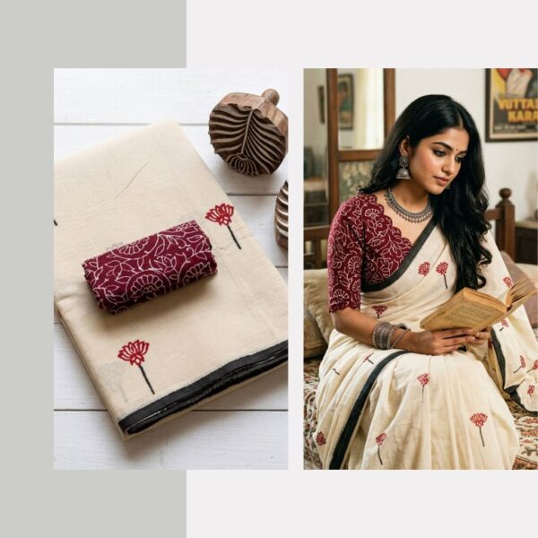 Blended South Cotton printed sarees with contrasting blouse PCDB064