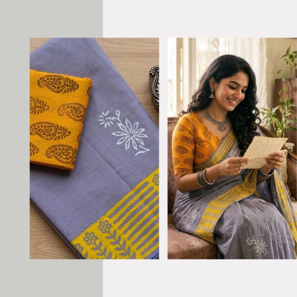 Blended South Cotton printed sarees with contrasting blouse PCDB068