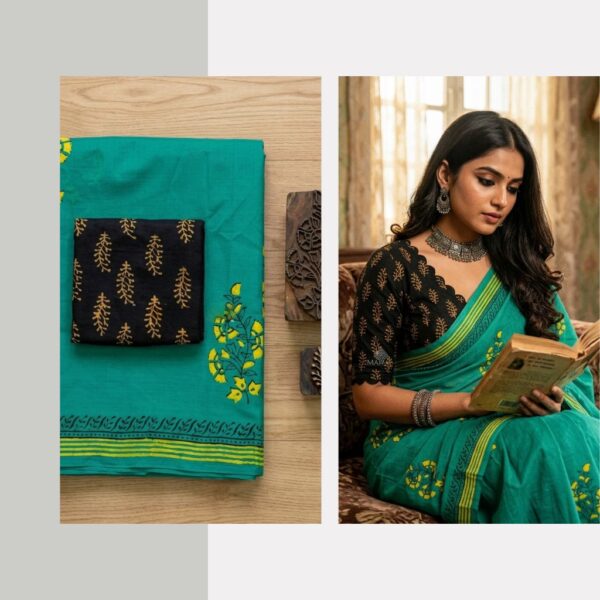 Blended South Cotton printed sarees with contrasting blouse PCDB065