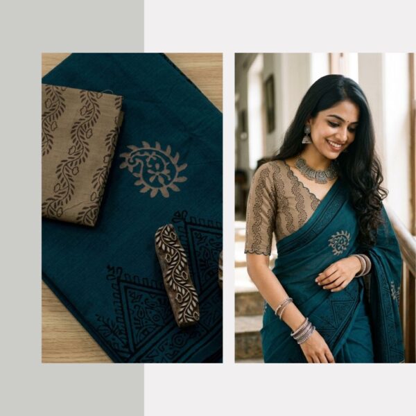 Blended South Cotton printed sarees with contrasting blouse PCDB066