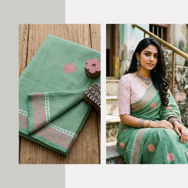 Blended South Cotton printed sarees with contrasting blouse PCDB067