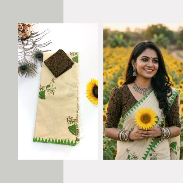 Blended South Cotton printed sarees with contrasting blouse PCDB108