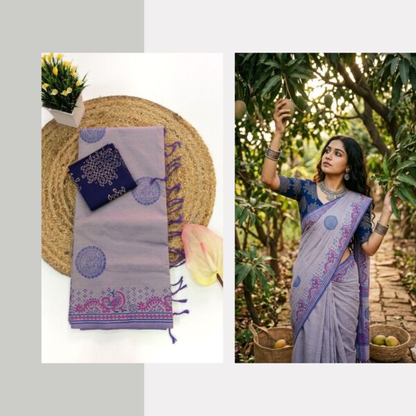 Blended South Cotton printed sarees with contrasting blouse PCDB109