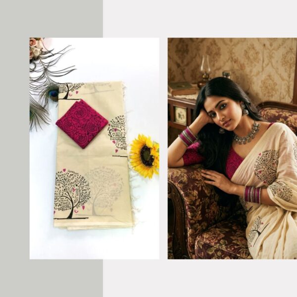 Blended South Cotton printed sarees with contrasting blouse PCDB111