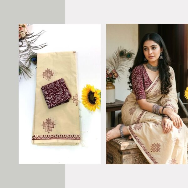 Blended South Cotton printed sarees with contrasting blouse PCDB112