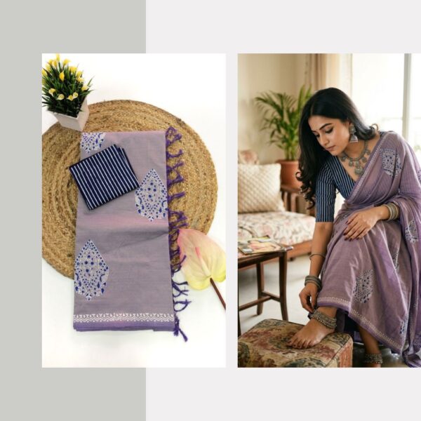 Blended South Cotton printed sarees with contrasting blouse PCDB113