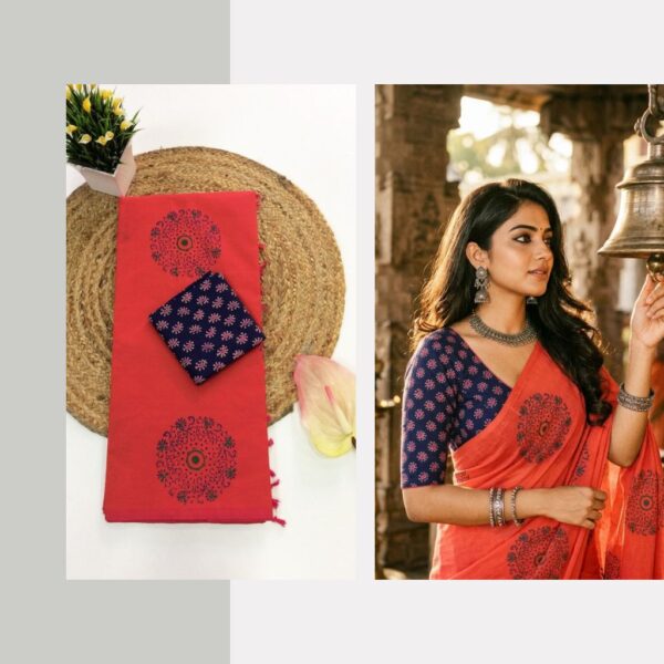 Blended South Cotton printed sarees with contrasting blouse PCDB114