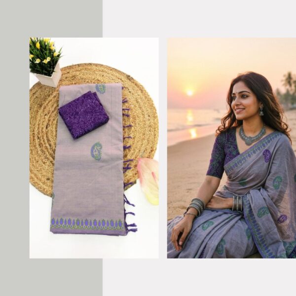 Blended South Cotton printed sarees with contrasting blouse PCDB110