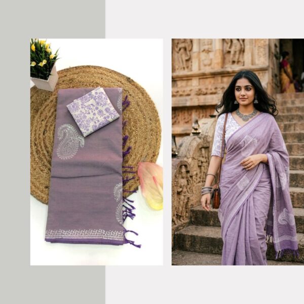 Blended South Cotton printed sarees with contrasting blouse PCDB115