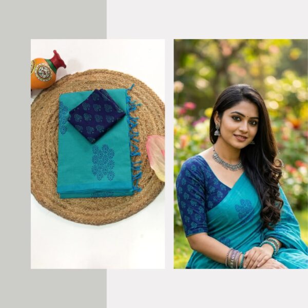 Blended South Cotton printed sarees with contrasting blouse PCDB097
