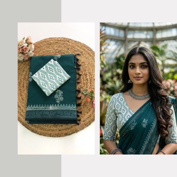 Blended South Cotton printed sarees with contrasting blouse PCDB098