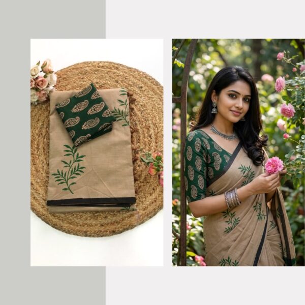 Blended South Cotton printed sarees with contrasting blouse PCDB099
