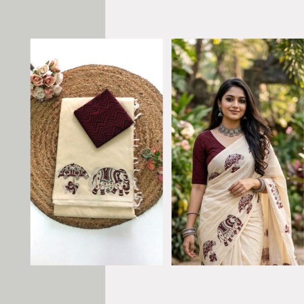 Blended South Cotton printed sarees with contrasting blouse PCDB0101