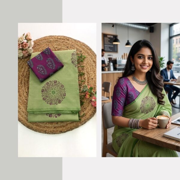 Blended South Cotton printed sarees with contrasting blouse PCDB103