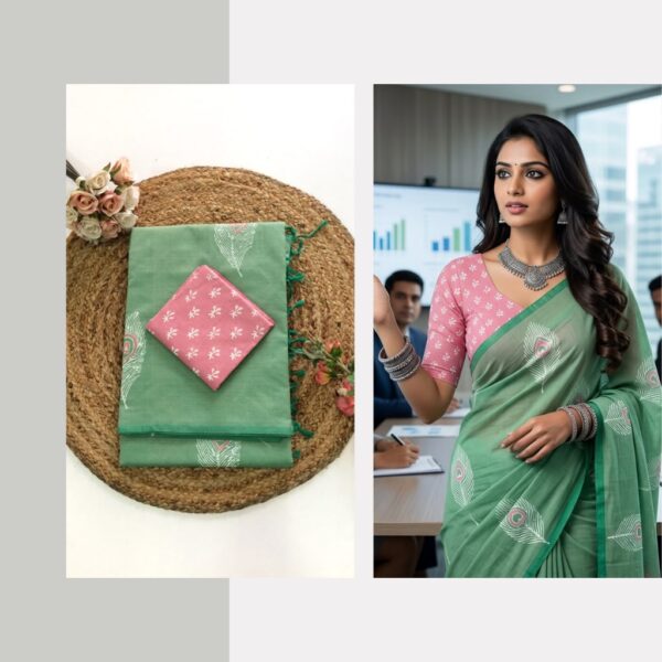 Blended South Cotton printed sarees with contrasting blouse PCDB104
