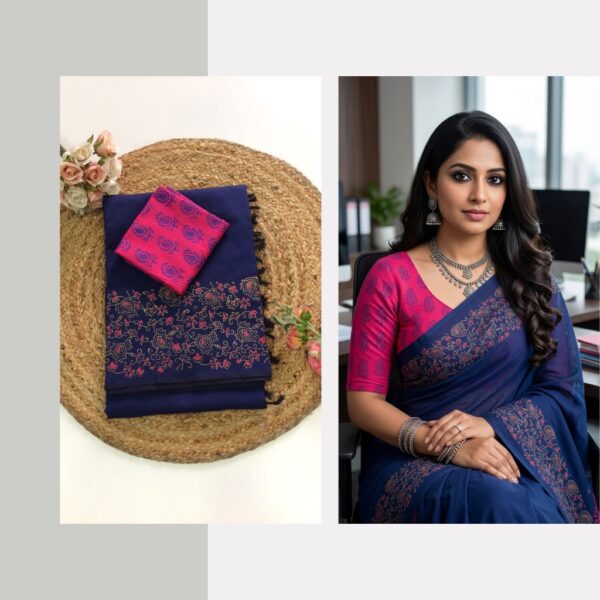 Blended South Cotton printed sarees with contrasting blouse PCDB105