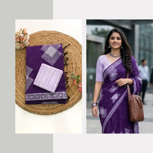 Blended South Cotton printed sarees with contrasting blouse PCDB106