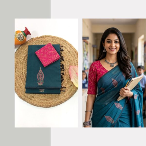 Blended South Cotton printed sarees with contrasting blouse PCDB089
