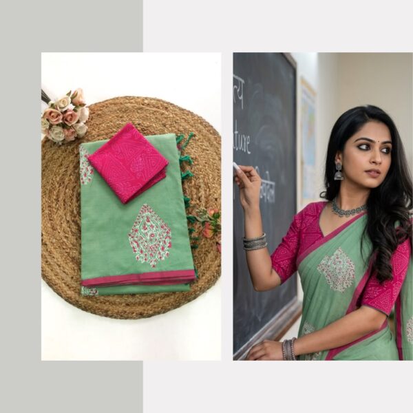Blended South Cotton printed sarees with contrasting blouse PCDB090